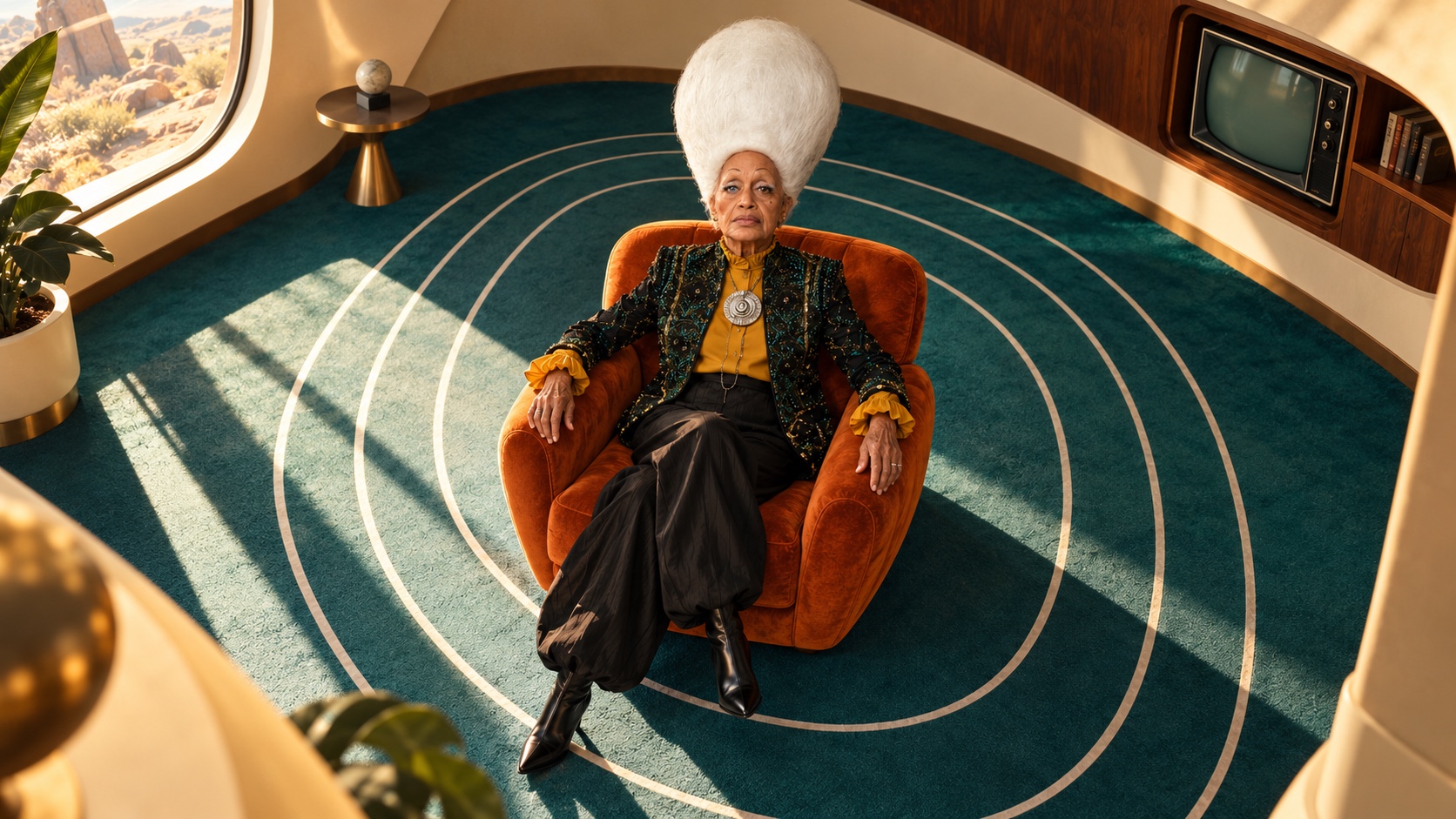 Une femme âgée, chignon blanc, assise dans un fauteuil orange au centre d'un tapis tracé comme une piste, dans un salon ouvert sur le désert