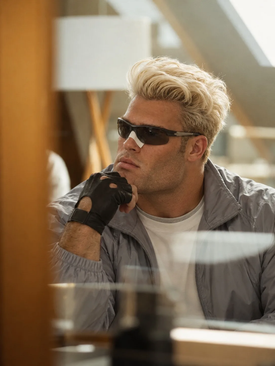 Un homme blond en lunettes de soleil, pensif derrière une vitre